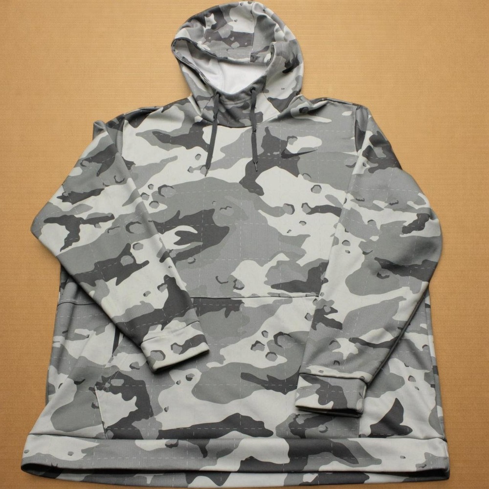 Nike Therma-Fit Hoodie Mens 2XL Gray Camo Long Sleeve Pullover Fleece Swoosh